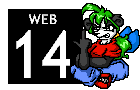 Anthropomorphic Panda Woman with green sharp butterfly wings pointing a gun at the viewer, who is leaning ontop of from the bust up a square with white text that says 'web' in small letters and 'MA' in big letters
